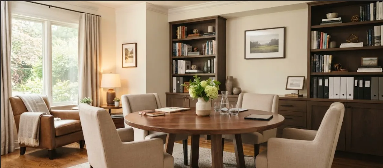 A warm, inviting room with a round wooden table set for conversation